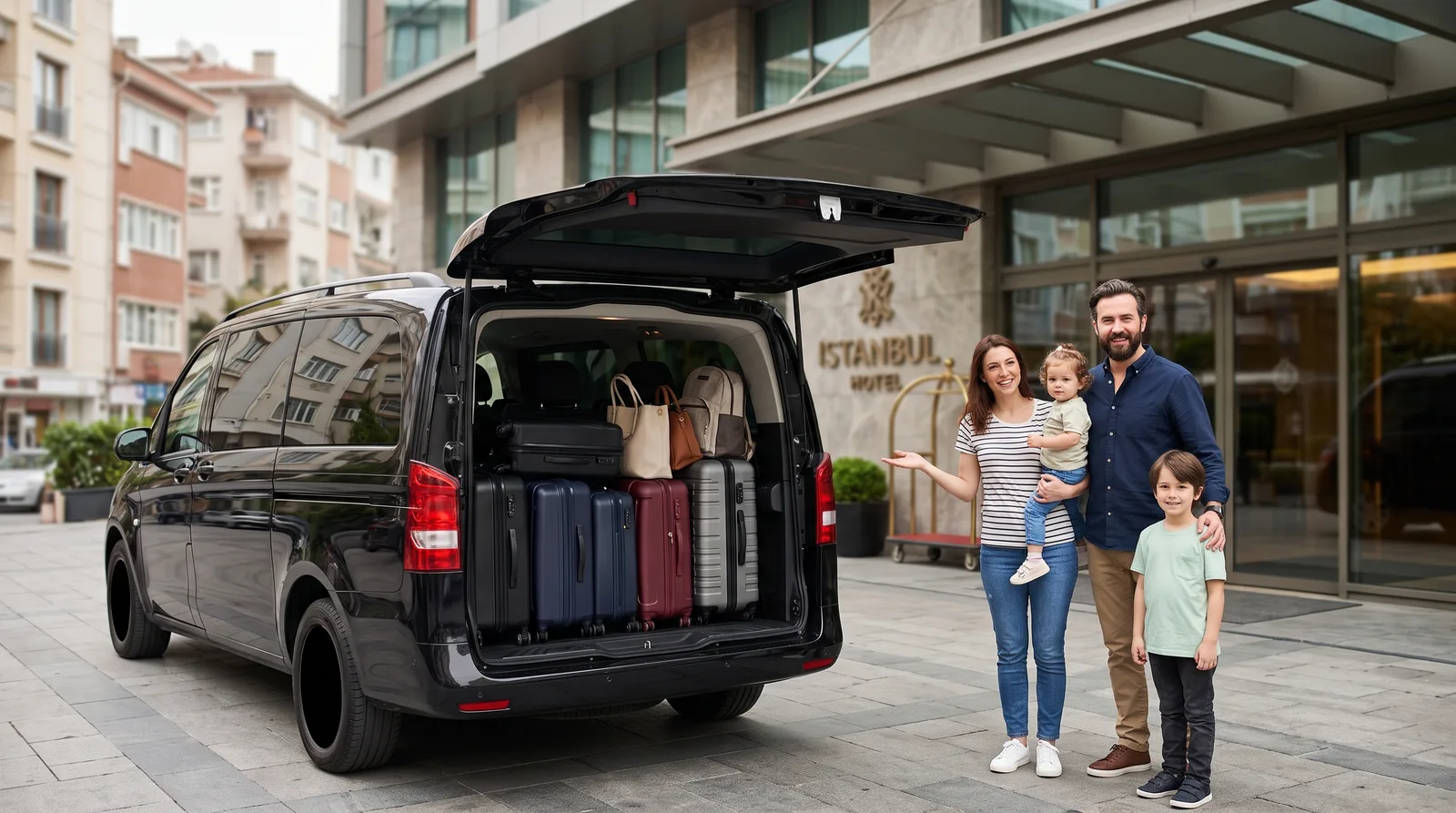 Bagajında büyük bavullar ve el çantaları bulunan siyah Mercedes-Benz Vito