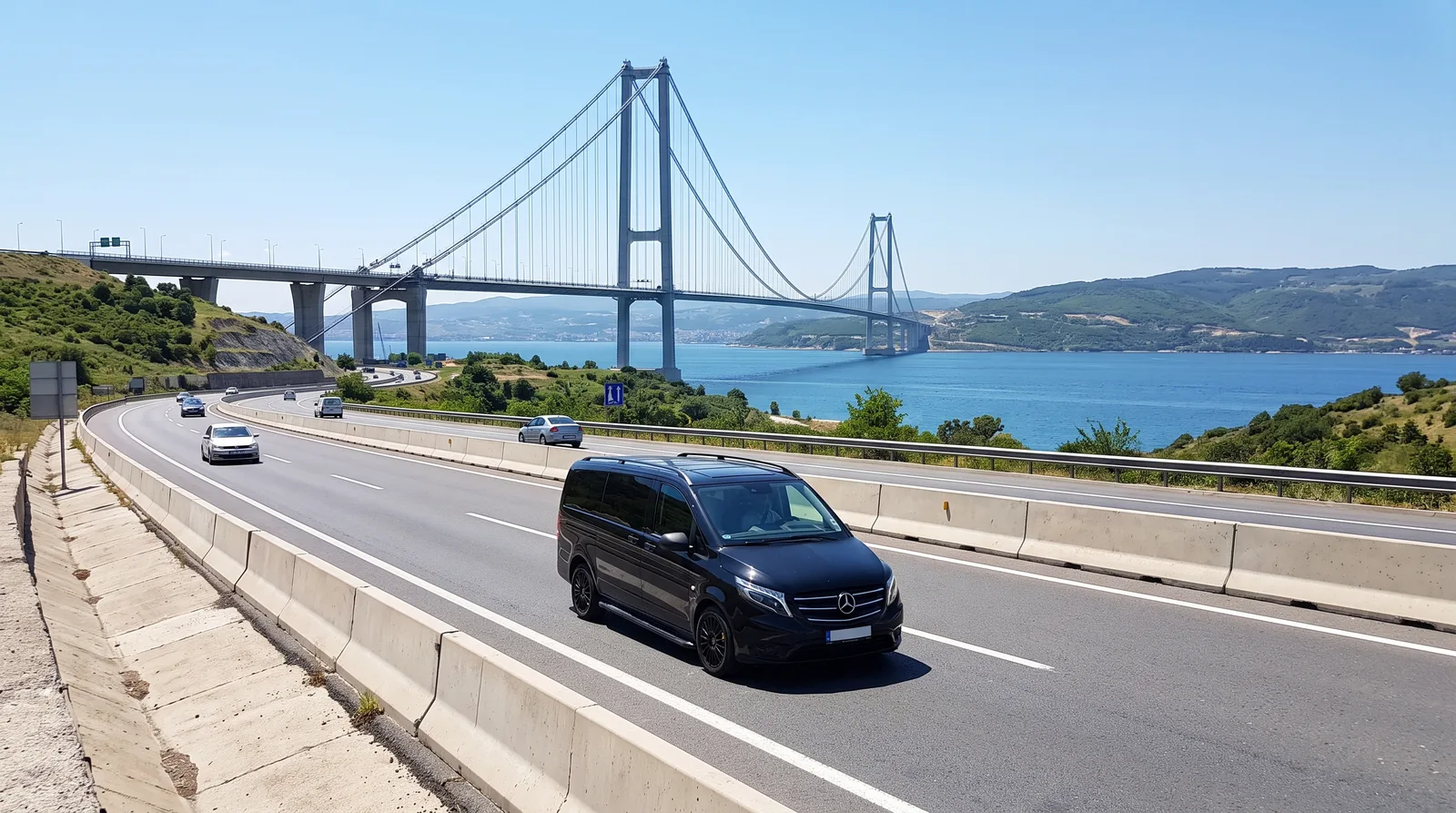 stanbul–Bursa transferinde Osmangazi Köprüsü manzaralı otoyolda ilerleyen siyah Mercedes-Benz Vito
